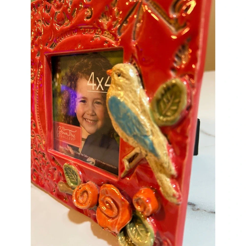 Green Tree Gallery Red Ceramic Bird Rose 4x4 Picture Frame 7.25in Square 73179